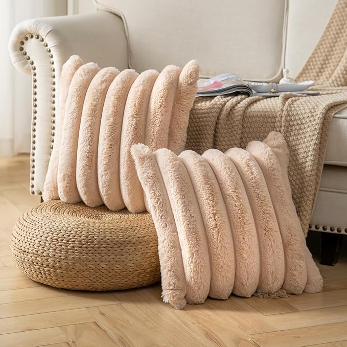 Faux Fur Plush Throw Pillow Covers 22x22 Inch Set of 2 - Luxury Decorative Fuzzy Striped Soft Cozy Pillowcase for Couch, Sofa, Living Room - Camel