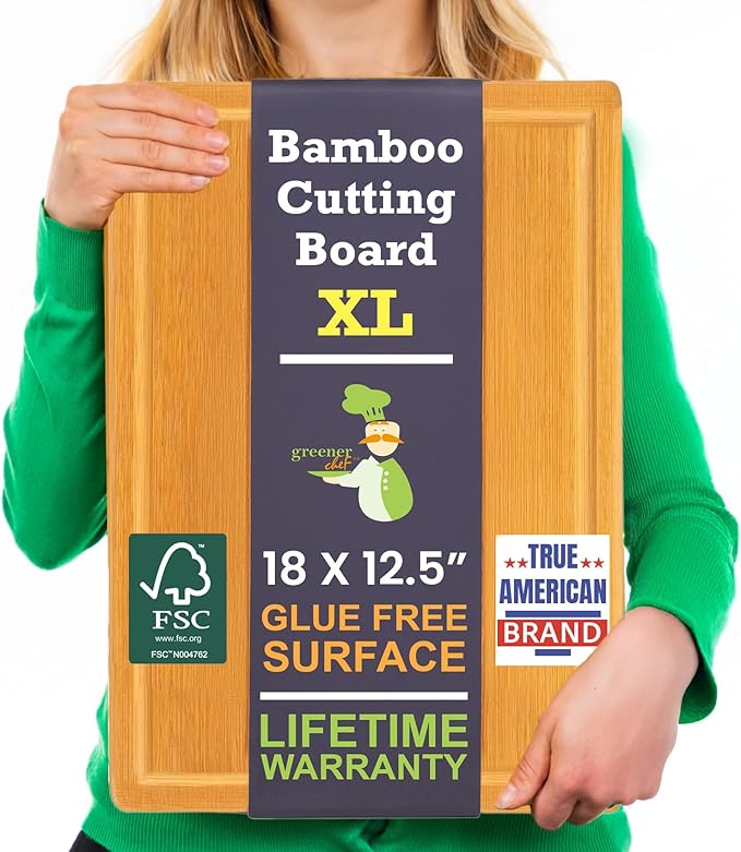 Extra Large Bamboo Cutting Board Featuring 18 Inch Wood Cutting Boards for Kitchen with Glue-Free Surface™ – Non-Toxic Wooden Chopping Boards, FSC-Certified, Durable Carving Boards - Rectangle