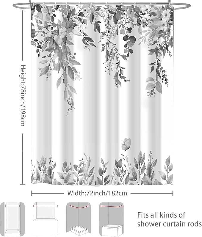 Eucalyptus Shower Curtain, Grey Watercolor Leaves with Floral Botanical Bathroom Decor, Waterproof Fabric Bath Curtain Set with Hooks, 72x78 Inches