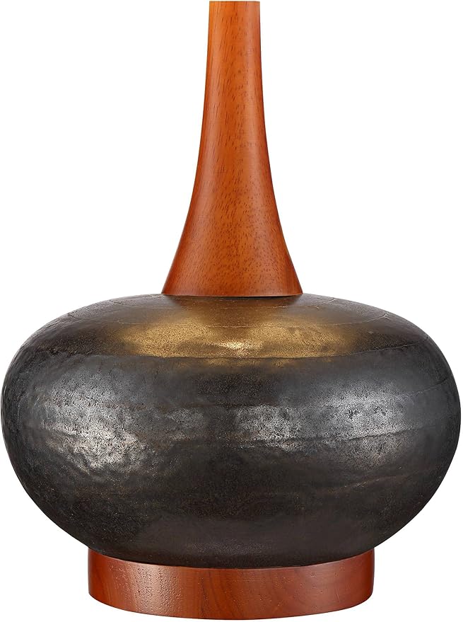 360 Lighting Andi Mid Century Modern Table Lamp 24.5" High Hammered Bronze Ceramic Wood Off White Tall Drum Shade for Living Room Bedroom House Bedside Nightstand Home Office (Color May Vary)