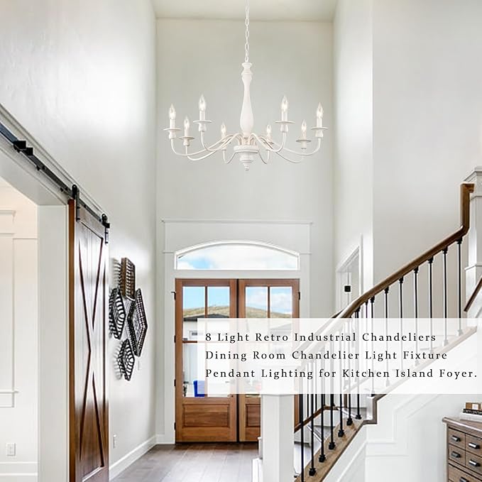 Distressed White French Country Chandelier 8 Lights Rustic Farmhouse Chandelier for Dining Room Light Fixture Candle Pendant Lights Handmade Wood Chandeliers for Living Room Bedrooms Kitchen