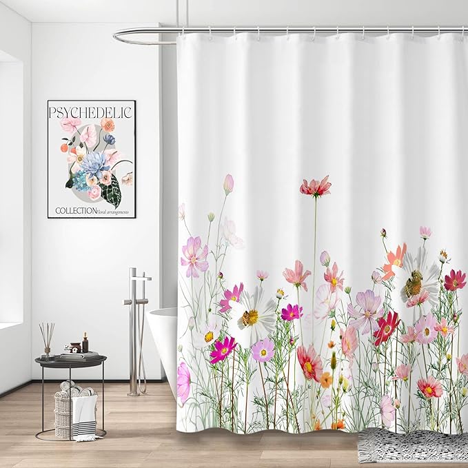 Flower Shower Curtain - Waterproof Bathroom Fabric Shower Curtain, 72" W x 72" L, Cloth with 12 Hooks