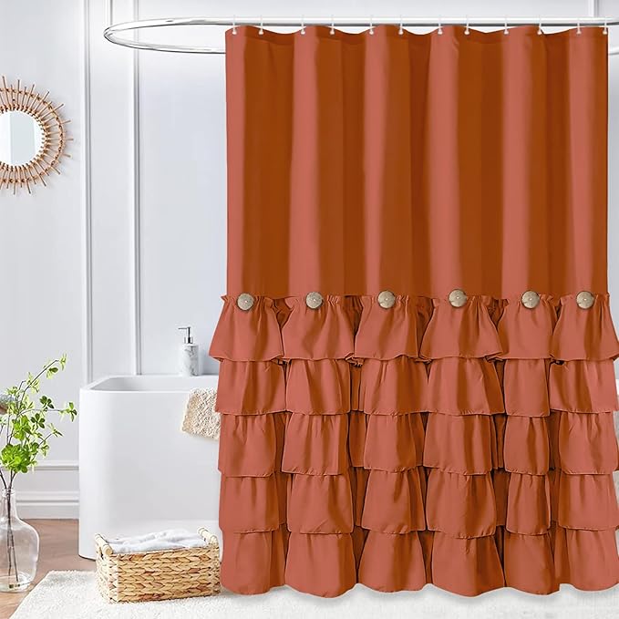 Seasonwood Orange Shower Curtain Burnt Orange Shower Curtain with Nature Buttons Ruffle Shower Curtains Farmhouse Shower Curtains for Bathroom 72" W x 72" L,Dark Orange