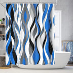 Modern Striped Shower Curtain Set with Waterproof Fabric, 70.8x70.8 Inches, Includes 12 PCS Hooks - Blue, Black, White, Grey Design, Home Bathroom Decor with Rugs and Toilet Lid Cover.