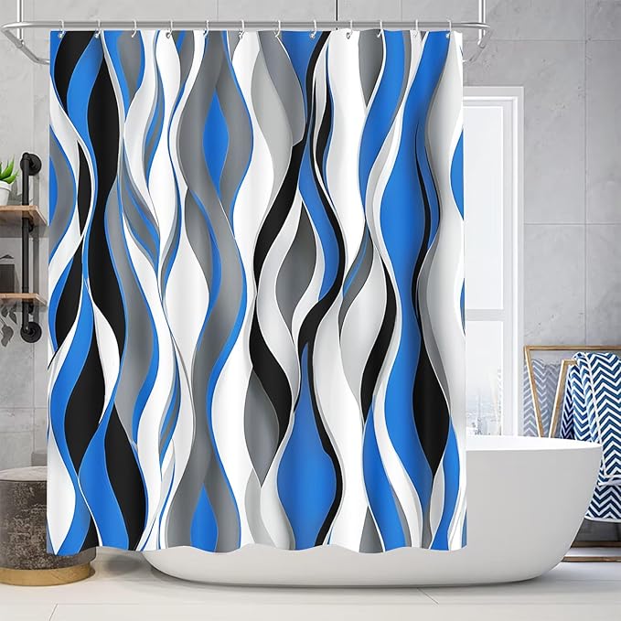 Modern Striped Shower Curtain Set with Waterproof Fabric, 70.8x70.8 Inches, Includes 12 PCS Hooks - Blue, Black, White, Grey Design, Home Bathroom Decor with Rugs and Toilet Lid Cover.
