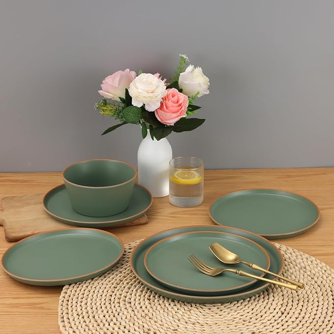 Melamine Dinnerware for 4, 12 Pieces Unbreakable Matte Plastic Plates and Bowls set, Kitchen Dish set BPA Free, Dishwasher Top Safe, Not Microwave, Not Oven (Green)