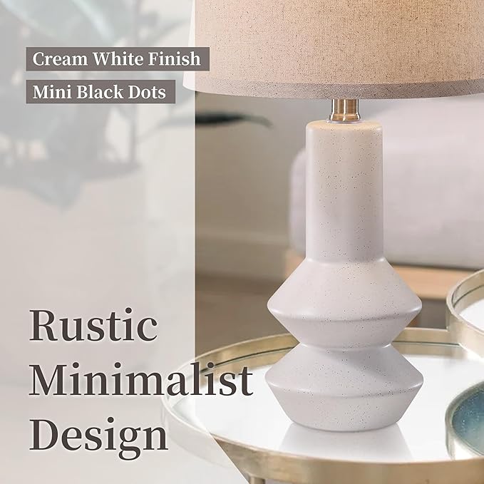 20 Inch White Ceramic Table Lamp Set of 2 with Oatmeal Fabric Shade, 3-Way Dimmable Small Bedside Lamp for Bedroom, Office, Living Room & Nightstand