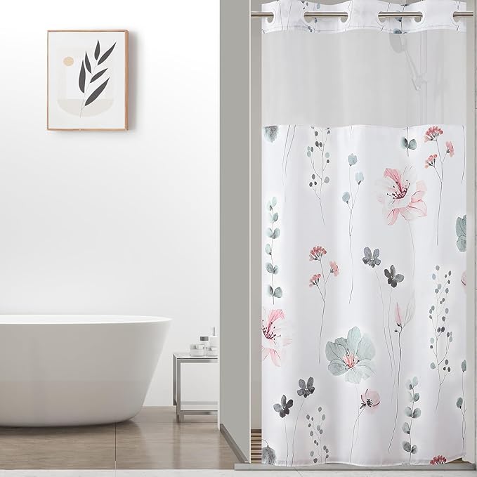 QiyI Stall Floral Shower Curtain with Snap in Liner, Grey and Pink Watercolor Cloth Bath Curtains, No Hook Shower Curtains with Mesh Top Window, Fabric Waterproof Bathroom Curtain Set, 36 x 75 Inch