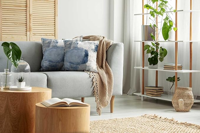 CAPSCEOLL Navy Blue Grey Throw Pillow Covers,Gray White Modern Abstract Art Painting Throw Pillows for Couch,Blue Decorative Pillow Covers 16X16 Inch 2 Pcs Square Cushion Cover Gift for Couch Sofa