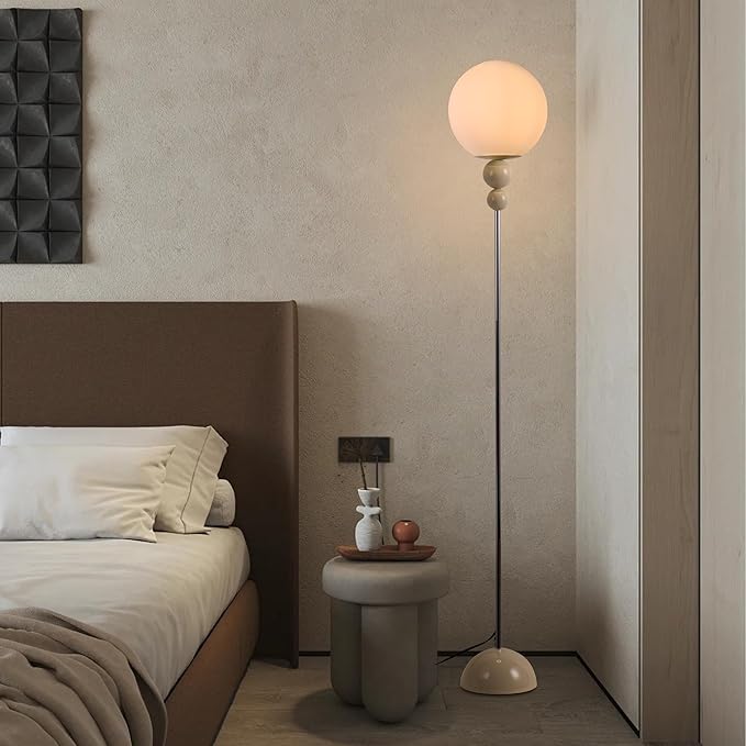 Modern Glass Floor Lamp for Bedroom, 63'' Vintage Mid-Century Floor Lamp with Milky White Frosted Glass Globe Shade for Living Room Corner, Slim Standing Reading Lamp for Office Decor (White)