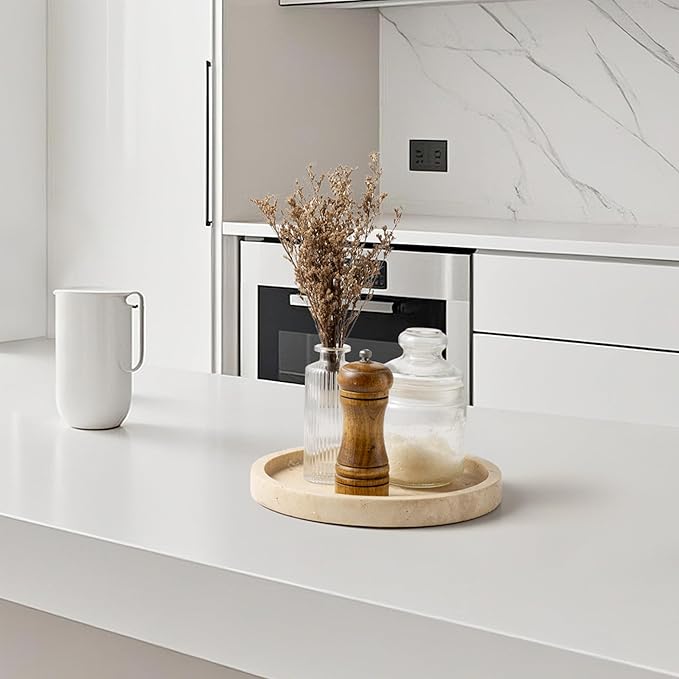 WORHE Natural Marble Vanity Tray for Bathroom Kitchen Dresser, Travertine Stone Decorative Trays for Jewelry, Perfume, Cosmetic, Candle, Round Countertop Storage Organizer for Home Decor Beige (WH019)