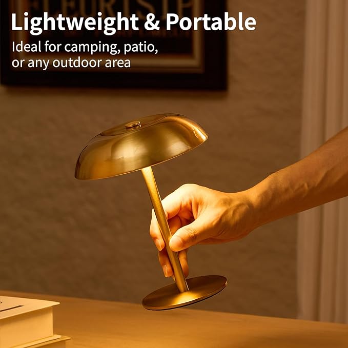 Cordless Mushroom Table Lamp, 2500mAH Rechargeable Battery Operated Lamp with 3 Color Stepless Dimming, Portable Touch Bedside Lamps for Bedroom, Nightstand, Patio, Office, Party, Bar, Gold