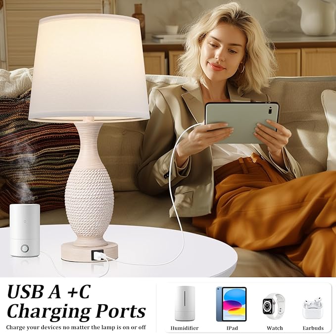 Seealle 22.2" Bedside Lamps Set of 2 with USB C+A - Dimmable Touch Lamps for Night Stands Bedroom Living Room End Table(Bulbs Included)