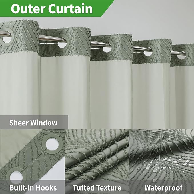 no Hook Shower Curtain and Liner Set，Boho Style with See Through Top Window, SageGreen Fabric Tufted Striped Textured Outer Curtain & Waterproof Inner Liner, SageGreen, 71Wx77H