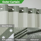 no Hook Shower Curtain and Liner Set，Boho Style with See Through Top Window, SageGreen Fabric Tufted Striped Textured Outer Curtain & Waterproof Inner Liner, SageGreen, 71Wx86H