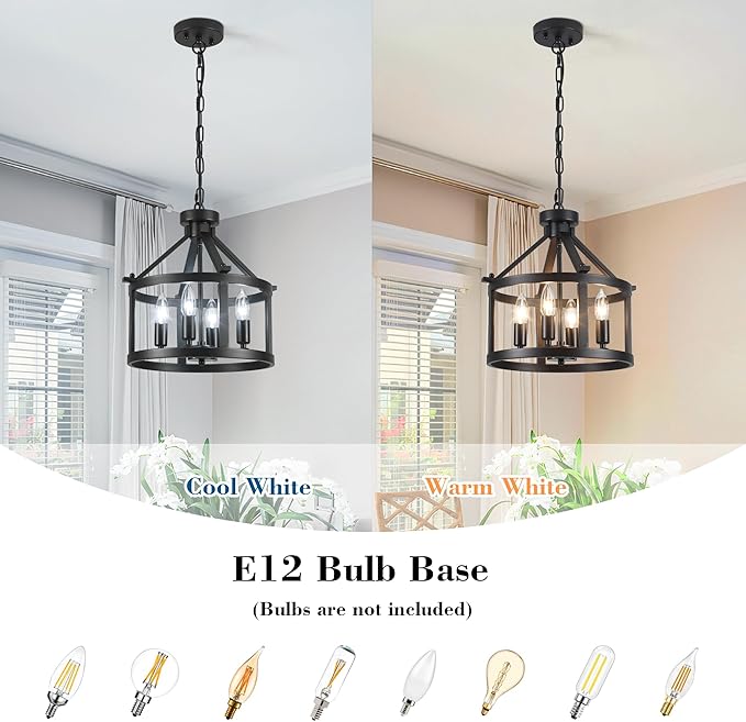 Cage Farmhouse Chandelier,Modern Pendant Light Fixture, Adjustable Height Industrial Black Chandeliers Pendant Light for Dining Room,Kitchen Island,Entryway-4 Light