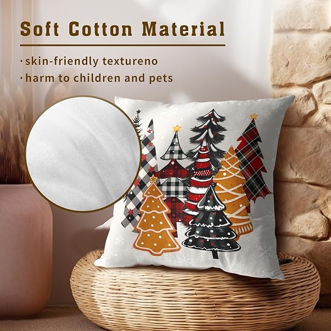 Christmas Throw Pillow Covers 16x16, Gingerbread Buffalo Plaid Xmas Trees Decorative Pillow Cases Soft Cotton Square Cushion Cover for Bed Sofa Car Winter Holiday Decor Set of 2
