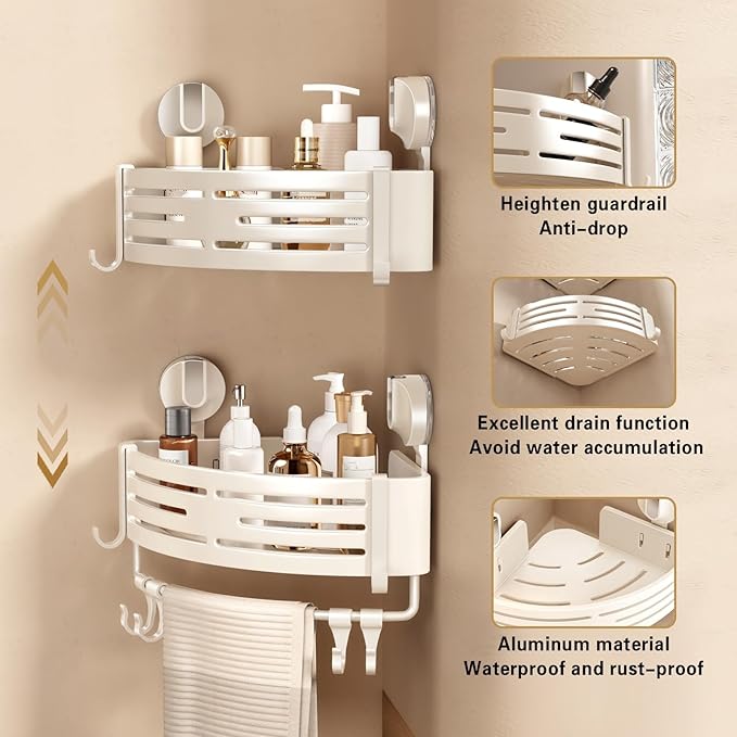 VOLPONE Corner Shower Caddy Suction Cup Shower Shelf Corner No Drilling Bathroom Shower Organizer Storage Rack Adhesive with Towel Bar (3-Pack, Ivory)