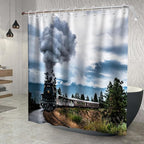 Retro Steam Train Theme Bathroom Bathtubs Fabric Shower Curtains Railroad Mountain Shower Curtain Set with 12 Hooks 72 x 72 inches Polyester Machine Washable, Black Green and White