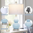 Double Gourd Ceramic Table Lamps Set of 2, Modern Blue Bedside Lamps for Night Stand, Contemporary Nightstand Lamps for Bedroom Living Room (Bulb Included)