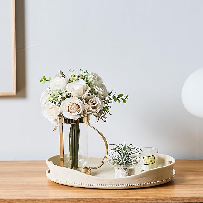 Beige Travertine Marble Serving Tray with Handles - 14x10 inches, Beaded Oval Decorative Tray, Countertop Ottoman Tray for Vanity, Living Room Entryway Table, Perfume Candle Display