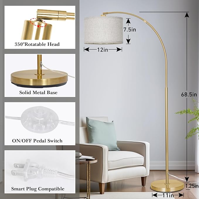 Gold Arc Floor Lamp for Living Room, Floor Lamp with Adjustable Drum Lampshade, Modern Tall Standing Lamp with Foot Switch, Over Couch Arched Pole Lamps for Reading Bedroom, 8W LED Bulb Included