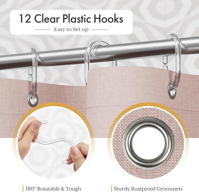 AmazerBath Pink Boho Shower Curtain with Tassels, Modern Farmhouse Shower Curtains for Bathroom, Pink Shower Curtain Fabric, Rustic Faux Linen Shower Curtain Set with Hooks, 72x72 Inches