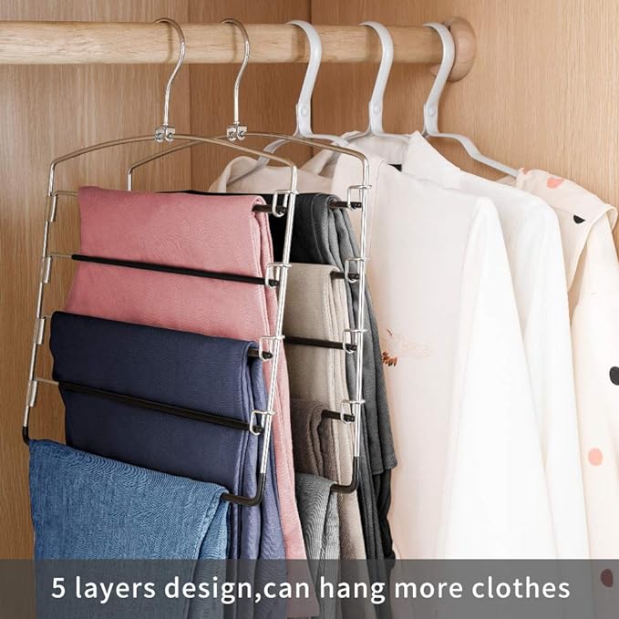 FeeraHozer Pants Hangers Non Slip 3 Pack Space Saving Hangers Multi-Layer Swing Arm Pants Hanger Stainless Steel Space Saver Hanger Closet Storage Organizer for Jeans Trouser Slacks Clothes (Black)