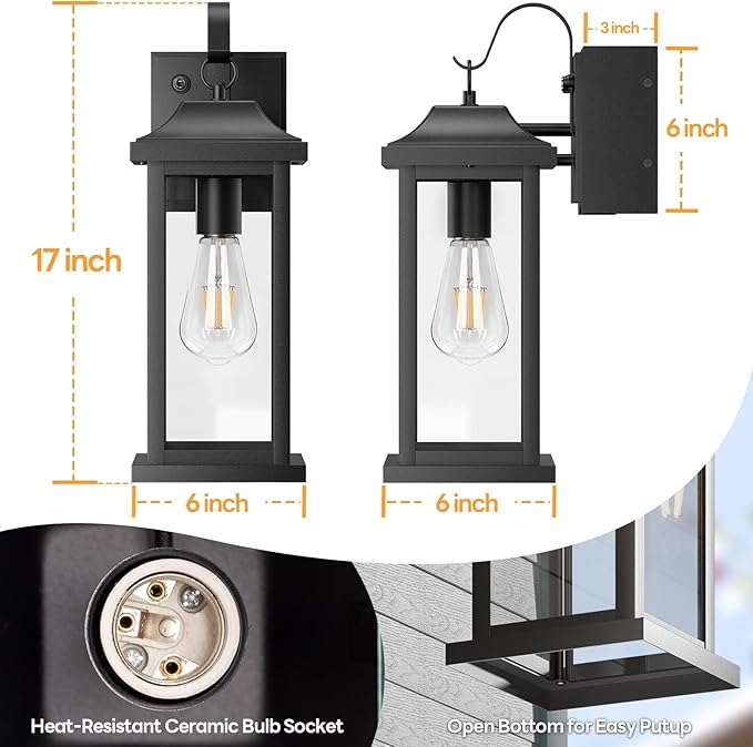 17 Inch Dusk to Dawn Outdoor Lighting with GFCI Outlet, Large Porch Light Lantern Plug Outlet Modern Black Outdoor Sconce Lighting, IP65 Waterproof Outside Light Wall Mounted Coach Light