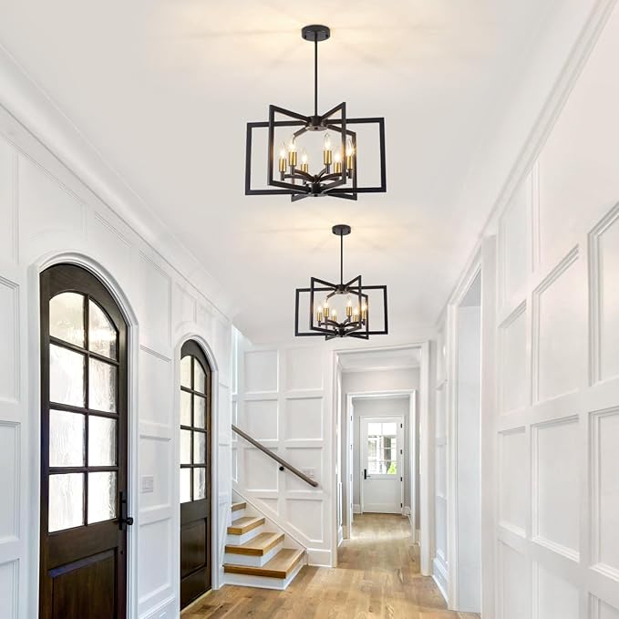 Dining Room Light Fixture,Farmhouse Geometric Chandeliers Black and Gold Kitchen Island Light,6-Light Modern Industrial Chandelier for Foyer Entryway Stairway,UL-Listed