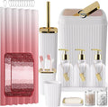 32PCS Bathroom Set Bathroom Sets with Shower Curtain and Rugs Gold Bathroom Accessories,Shower Curtain Set,Bathroom Rug Set with Bathroom Trash Can
