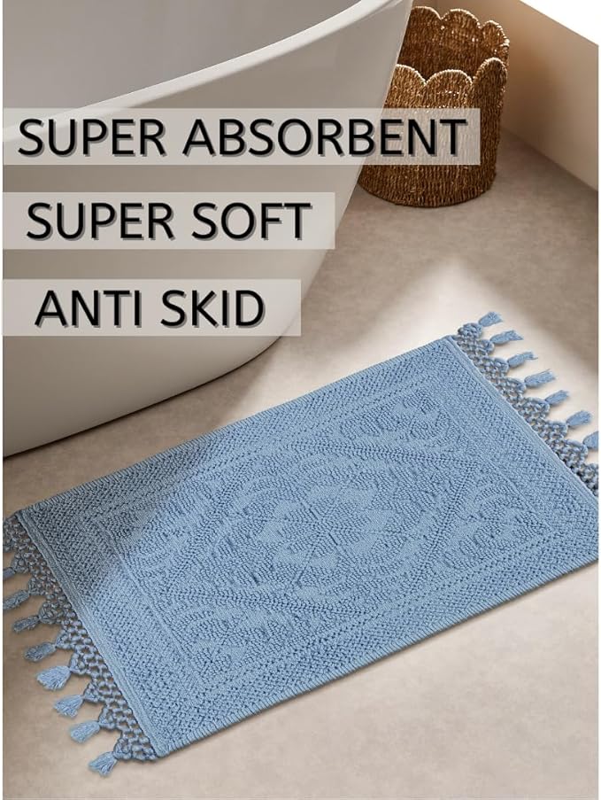 Savi Home Cotton Woven Jacquard Bathroom Rug Set of 2, Woven Fringe Bathroom Mats, 100% Cotton, Non - Slip Bath Mat, Durable Thick Bath Mat 17”x30”& 20"x38" with Fringes, Sky Blue