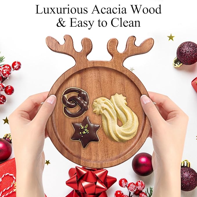 Small Acacia Wood Plates for Christmas Decorations Round Wooden Dessert Trays Cheese Charcuterie Board Mini Xmas Cookies Serving Platter Decorative Snack Appetizer Plates for Christmas Holiday Plate