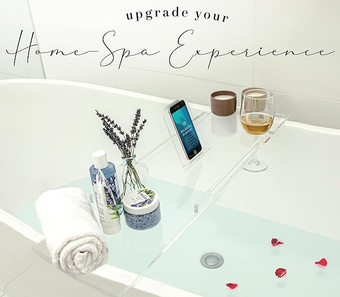 40" Supreme - Clear Acrylic Bathtub Tray Caddy Tub Shelf, Spa Board Luxury Bathroom Bath tub Table, Fits Across Bathtubs, Book, iPad and Wine Glass Holder (Supreme, 40")