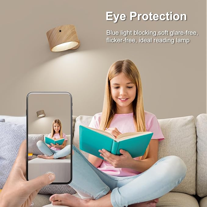 Remote LED Wall Sconce - Rechargeable Cordless Wall Light, 3 Colors & 3 Brightness Levels, 360째 Magnetic Rotating Head, Bedside Reading Lamp, Easy Install Battery Operated Lamp Wood Pack of 2