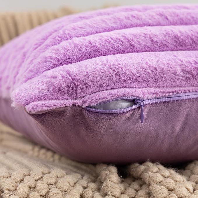 ZLINA Set of 2 Light Purple Faux Fur Decorative Throw Pillow Covers Fluffy Striped Pillowcase Cushion Covers 20 x 20 Inch Decor Sofa Couch Bedroom