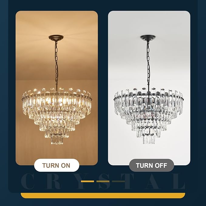 6-Tiers Modern Crystal Chandelier Black 12-Light 23.6'' Contemporary Round Pendant Chandeliers Light Luxury Ceiling Hanging Lighting for Living Dining Room Bedroom Kitchen Island Foyer