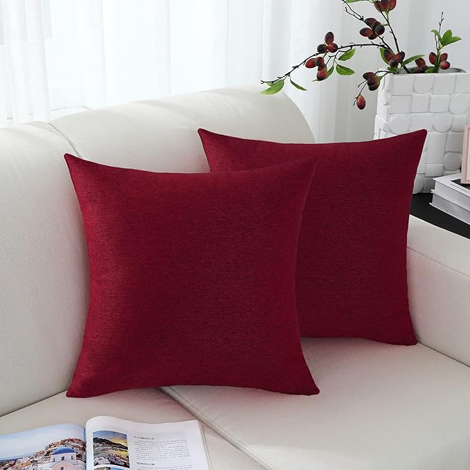 Jeneoo Decorative Burgundy Red Throw Pillow Covers Rustic Farmhouse Square Linen Burlap Soft Comfy Solid Cushion Couch Cases for Sofa Living Room (Set of 2, 16 x 16 Inches)