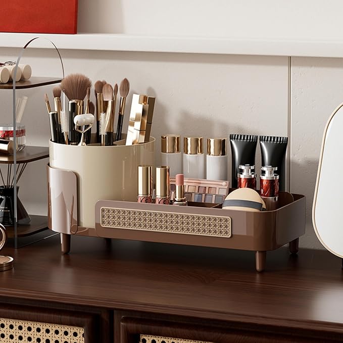 Rotating Makeup Organizer Countertop,Large Capacity Makeup Organizers for Vanity,2 in 1 makeup storage organizer for Bathrooms,Cosmetic Display Case (Coffee)