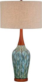 360 Lighting Rocco Mid Century Modern Table Lamp 30" Tall Ceramic Blue Teal Glaze Wood Handmade Linen Drum Shade Decor for Living Room Bedroom House Bedside Home Entryway (Colors May Vary)