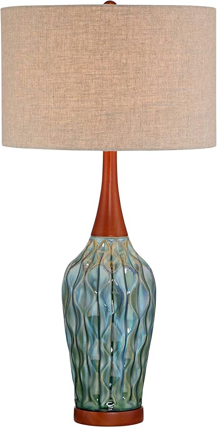 360 Lighting Rocco Mid Century Modern Table Lamp 30" Tall Ceramic Blue Teal Glaze Wood Handmade Linen Drum Shade Decor for Living Room Bedroom House Bedside Home Entryway (Colors May Vary)