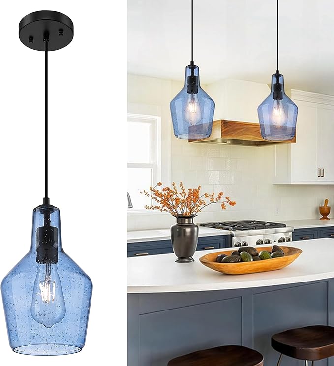 Emliviar 1-Light Kitchen Pendant Lighting, Industrial Adjustable Hanging Pendant Light with Seeded Glass, Blue Finish, DYE286G1-MIL BK