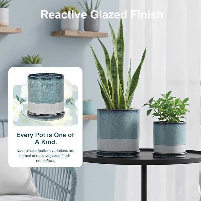 Ceramic Plant Pots Flower Pots Round Planter with Drainage Hole and Saucer Indoor Outdoor with Mesh Pad and Silicone Plug Office Home Decor 5.5+6.5 inch Set 2
