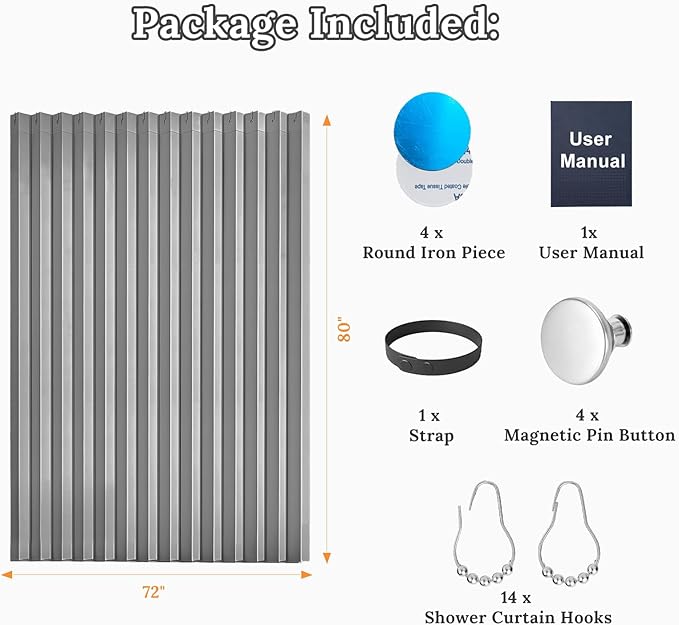 South to East Waterproof Shower Curtain, Heavy Duty Magnetic Folding Linen Shower Curtain, Non-Toxic, 72x80 Magnetic Fabric Bathroom Curtain Sets, Grey