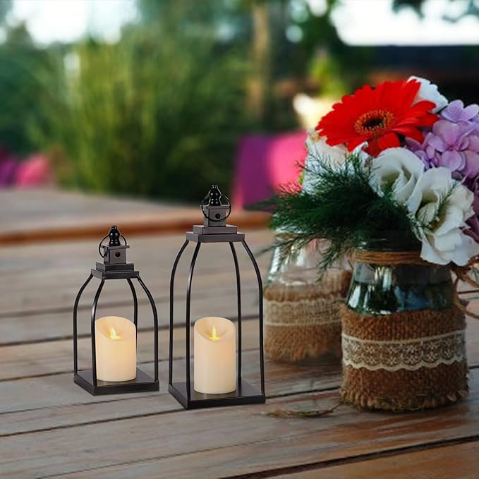 DARJEN Modern Farmhouse Lantern Decor Outdoor & Indoor- 15'' 12'' Black Metal Candle Lanterns for Christmas, Lanterns Decorative with 2 Flameless Candles for Living Room, Home, Table Centerpiece Decor