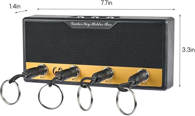 Guitar Key Holder Box, Home Keys Hooks for Guitar-Enthusiasts, Musicians Decor & Organization with 4 Keychains and 1 Wall Mounting Kit (Cloth Texture Black)