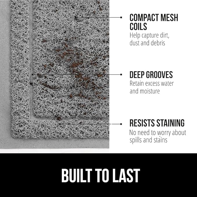 GORILLA GRIP Dirt Grabber Mesh Doormat, Low-Profile, Stain and Fade Resistant Heavy Duty Quick Dry Striped Doormats, Mats for Indoor or Outdoor Entry, Shoe Scraper, Garage Entrance Mat 47x35, Gray
