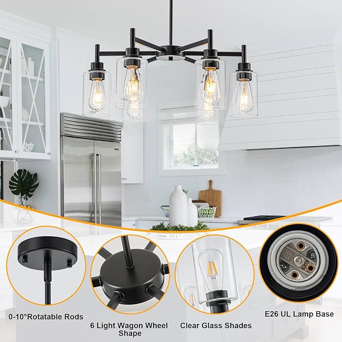 Farmhouse Chandeliers for Dining Room Matte Black Chandelier 6 Light Dining Room Light Fixture with Clear Glass Shades Gold Pendant Lights for Kitchen Island Living Room Entryway Staircase