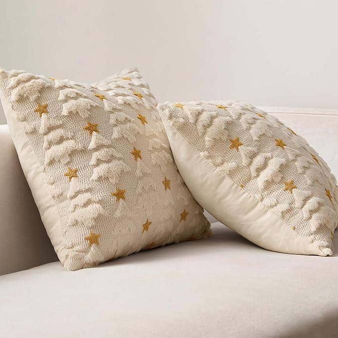 MIULEE Christmas Pillow Covers 16x16 Inch Set of 2, Beige Christmas Tree Plush Faux Fur Pillowcases Soft Decorative Throw Pillow Cases for Couch Sofa Living Room Winter Xmas Holiday Home Decor