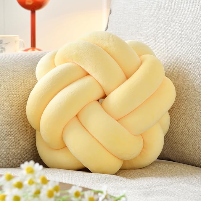 Knot Ball Pillow, Round Decorative Throw Pillows Cushion, 11 Inch Goose Yellow Soft Plush Knotted Pillows Pillow, Modern Home Throw Knot Decorative Cushion